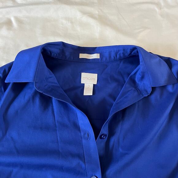 Chicos Blue Cotton Button Up Shirt Sz 2/M Work Office Career - Picture 2 of 7